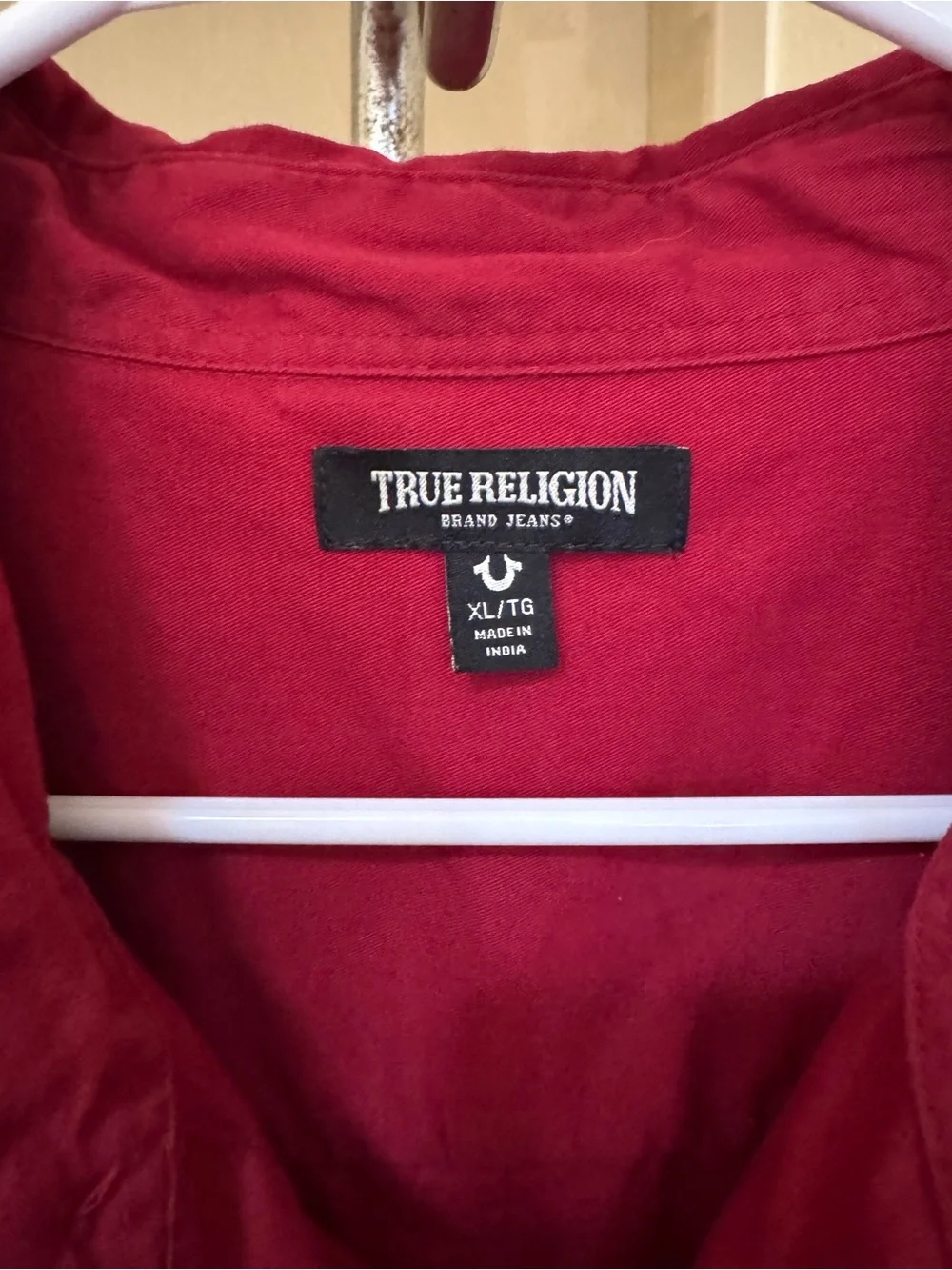 True Religion Men’s Red Button Up Shirt Embroidered Logo Utility XL